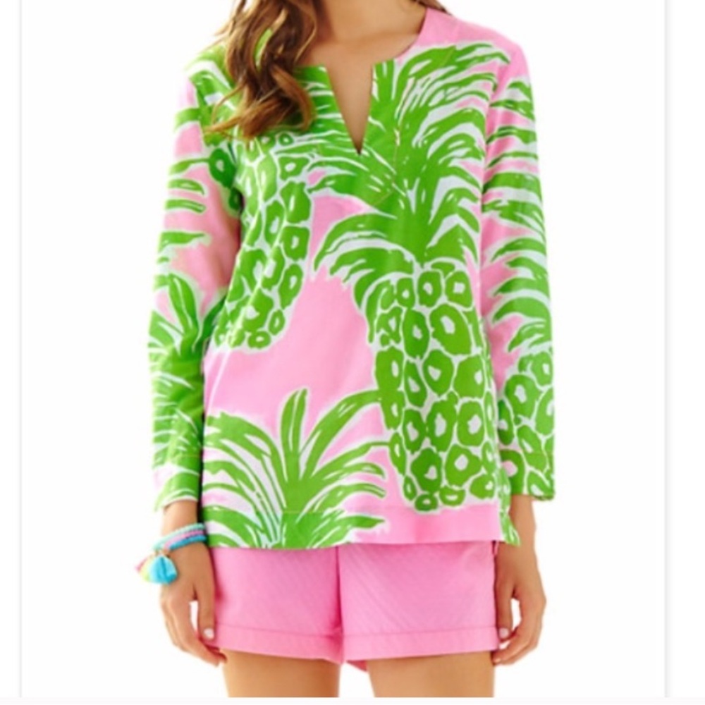 Lily Pulitzer Pineapple Printed Pink and Green V-neck Tunic Size Small